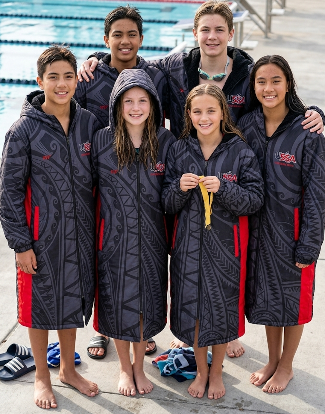 Custom swim team parka with all-over printed artwork and a sherpa-lined hood