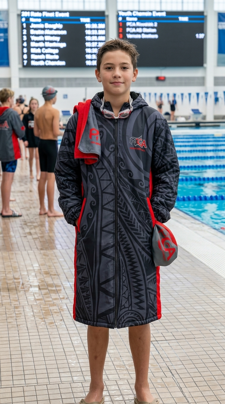 Close-up of a custom swim parka chest showing a printed red piranha team logo, all-over grey pattern and a water-resistant coated zipper
