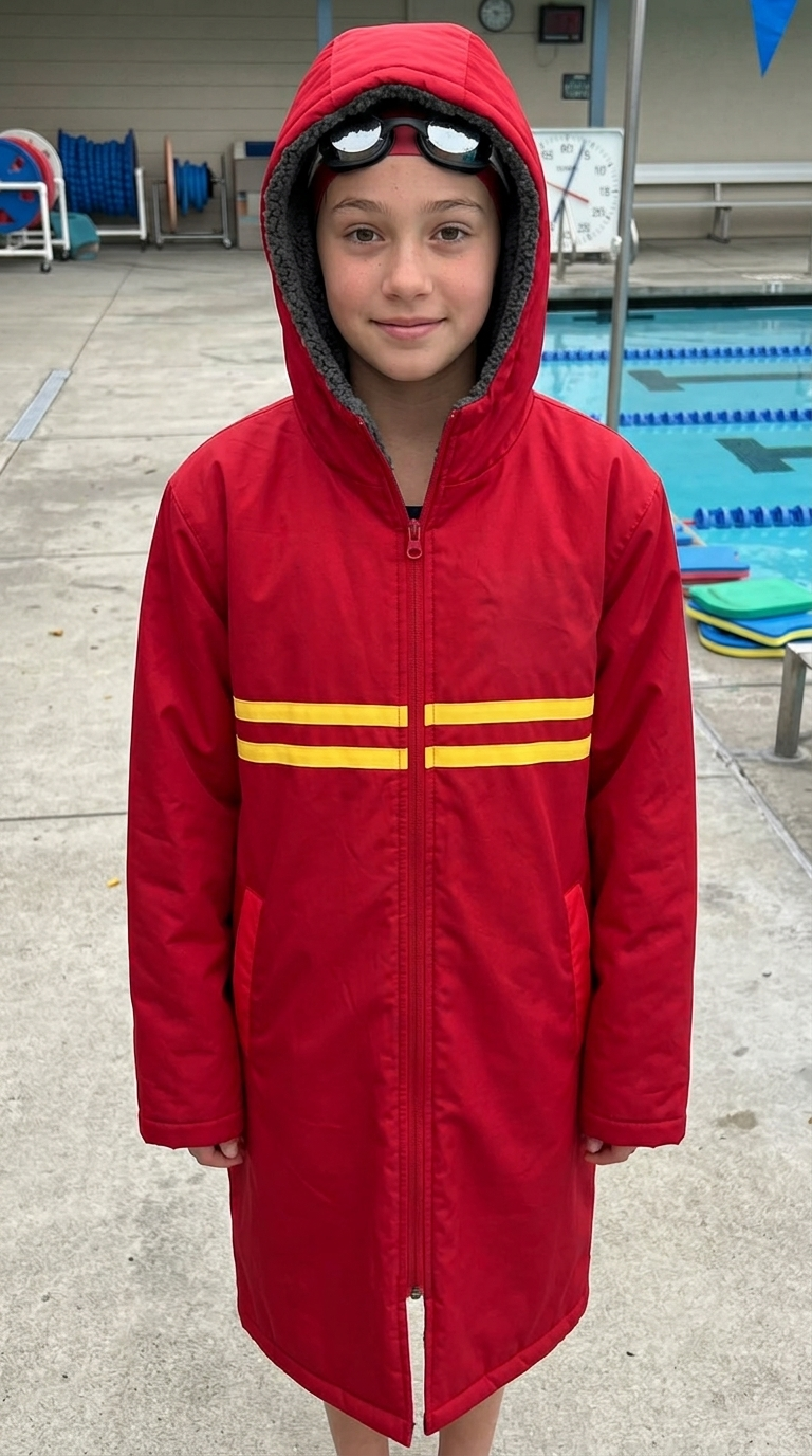 Custom swim parka opened flat showing black sherpa lining through the body and hood with red collar trim