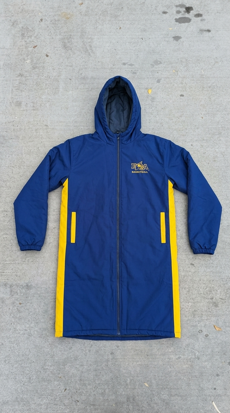 Full-length custom swim team parka in charcoal with an all-over printed tribal pattern, red side panels and a sherpa-lined hood